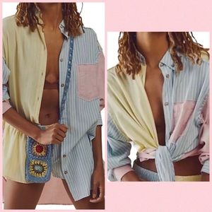 New Free People Rags to Riches M Pink Blue Striped Oversized Button Multiprint